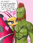 anthro blue_eyes duo fangs female green_body green_skin hair heart_symbol humor male male/female red_hair teeth text what maulnarch_blooderfly best_fiends raid:_shadow_legends galek_(raid:_shadow_legends) jojo_(best_fiends) humanoid digital_media_(artwork) english_text hi_res shaded