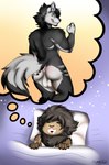 anthro balls bed dream fur furniture genitals grey_body grey_fur inside male mane muscular pillow sleeping jim_(itsjimmm) ross_(fuzziness) canid canine canis domestic_dog felid husky lion mammal nordic_sled_dog pantherine spitz absurd_res hi_res