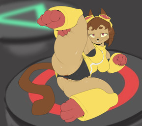 anthro anua biped breasts brown_hair butt clothed clothing female hair lying on_side pupils smile solo spread_legs spreading thick_thighs whiskers yellow_clothing hamili gameoverse glitch_productions kit_bodega domestic_cat felid feline felis mammal absurd_res hi_res