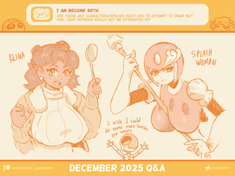 5_fingers accessory anthro big_breasts bone breasts clothed clothed_female clothed_human clothed_humanoid clothing curled_horn ear_piercing eyebrow_through_hair eyebrows eyelashes female fingers flower flower_in_hair group hair hair_accessory holding_ladle horn jacket kitchen_utensils ladle looking_at_viewer machine open_clothing open_jacket open_mouth open_topwear orange_monochrome piercing plant q&a skeleton text tools topwear translucent translucent_hair trio gammainks capcom fields_of_mistria mega_man_(series) flor_(gammainks) gamma_(gammainks) reina_(fields_of_mistria) splash_woman animated_skeleton bovid caprine human humanoid mammal robot robot_humanoid robot_master sheep undead 2025 absurd_res artist_name english_text hi_res monochrome