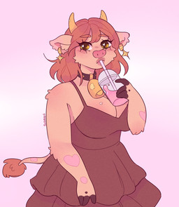 2_horns 4_fingers anthro arm_tuft arms_bent bangs bell bell_collar beverage big_breasts black_collar black_fingers blush blush_lines breasts brown_clothing brown_dress brown_hair brown_lips brown_tail_tuft cleavage clothed clothed_anthro clothed_female clothing collar container cup dress drinking drinking_straw ear_piercing ear_ring elbow_tuft eyebrow_through_hair eyebrows eyelashes eyelashes_through_hair female female_anthro fingers fur green_eyes hair heart_symbol holding_beverage holding_container holding_cup holding_object hooved_fingers hooves horn light lips long_hair markings multicolored_body multicolored_fur piercing pink_snout pink_spots ring_piercing solo spots spotted_body spotted_fur standing tail tail_markings tail_tuft tan_body tan_fur tan_tail text translucent translucent_hair tuft two_tone_body two_tone_fur two_tone_tail yellow_horn suzeart cow_(suzeart) bovid bovine cattle mammal 2026 artist_name colored digital_drawing_(artwork) digital_media_(artwork) english_description hi_res lighting portrait shaded three-quarter_portrait