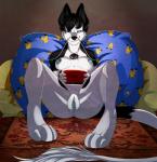 anthro anus biped blue_eyes breasts clitoris electronics female game_console genitals looking_at_viewer nipples pillow pussy sitting smile solo whiskers coffaefox nintendo nintendo_3ds nintendo_ds_family ghost_(nhalafallon) canid canine mammal 2015 hi_res