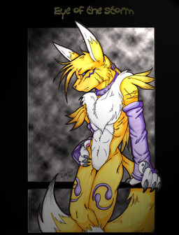 4_fingers anthro arm_support biped black_nose black_sclera blue_eyes chest_fur clothing collar ear_piercing featureless_crotch fingers fur gloves hair hand_on_hip handwear leaning leaning_backward long_hair male multicolored_body multicolored_fur piercing ponytail scar simple_background solo speech_bubble standing studs two_tone_body two_tone_fur white_body white_fur yellow_body yellow_fur yin_yang genetic-enigma bandai_namco digimon renny canid canine digimon_(species) mammal renamon