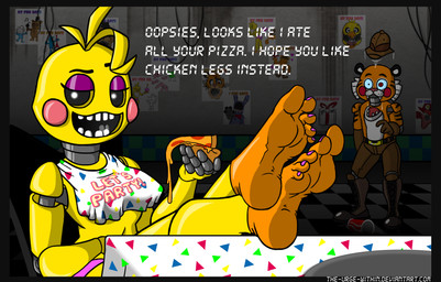 anthro beakless beverage bib breasts clothing colored_nails dark dialogue duo eyeshadow feet female flirting food foot_focus looking_at_viewer machine makeup nails non-mammal_breasts panties pizza plantigrade soda surprised text underwear the_urge_within five_nights_at_freddy's five_nights_at_freddy's_2 scottgames fan_character foxy_(fnaf) mangle_(fnaf) marionette_(fnaf) toy_bonnie_(fnaf) toy_chica_(fnaf) toy_huntley withered_bonnie_(fnaf) withered_chica_(fnaf) withered_freddy_(fnaf) animatronic avian bird chicken felid galliform mammal pantherine phasianid robot tiger 2015 english_text hi_res