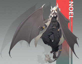 4_toes 5_fingers anthro barefoot belt_buckle black_body black_bottomwear black_clothing black_fingerless_gloves black_fur black_gloves black_handwear black_membrane black_pants black_sweater black_topwear black_wings bottomwear buckle claws clothed clothed_anthro clothed_male clothing coat countershade_face countershade_fur countershade_tail countershading damaged_clothing feet finger_claws fingerless_gloves fingers fully_clothed fully_clothed_anthro fully_clothed_male fur gloves gradient_background grey_background grey_trenchcoat hair hand_in_pocket handwear head_horn hexagram horn horn_jewelry horn_ring jewelry looking_at_viewer male markings membrane_(anatomy) membranous_wings mouth_closed pants pendant pockets red_background red_eyes religion religious_symbol ring_(jewelry) simple_background smile smiling_at_viewer smirk smirking_at_viewer solo star_of_david star_pendant striped_markings striped_tail stripes sweater symbol tail tail_markings tail_tuft teeth text toe_claws toes topwear trenchcoat tuft white_body white_countershading white_fur white_hair white_sclera wing_claws wings yellow_stripes siranuikawu judaism mythology noel_(noelb_d) dragon furred_dragon furred_scalie mythological_creature mythological_scalie scalie 2021 character_name dated digital_drawing_(artwork) digital_media_(artwork) hi_res