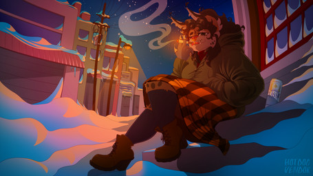 anthro beverage_can big_ears boots bottomwear cigarette cigarette_in_mouth cigarette_smoke city city_background cityscape clothing female footwear jacket knee_highs legwear night object_in_mouth shadow shoes skirt sky smoke snow solo street_lamp topwear winter hotdogvendor bobcat felid feline lynx mammal hi_res