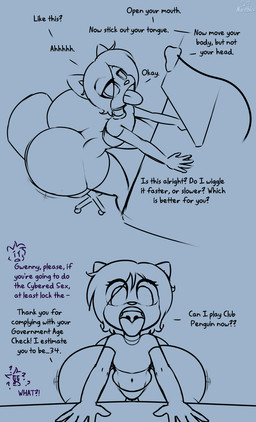 anthro big_butt butt butt_jiggle camera chair clothing computer computer_screen electronics eye_through_hair eyelashes female furniture hair huge_butt huge_hips jiggling loli motion_lines mouth_shot navel open_mouth panties short_hair sitting teeth teeth_showing text tongue tongue_out translucent translucent_hair underwear uvula webcam wide_hips young young_anthro young_female norithics gwen_mason mammal mephitid skunk 2koma comic english_text hi_res