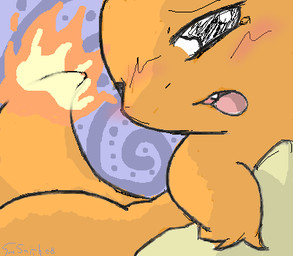 ambiguous_gender bald black_eyes blush close-up countershading fangs feral fire flaming_tail monotone_face monotone_tail multicolored_body multicolored_skin open_mouth orange_body orange_face orange_skin orange_tail pattern_background pink_tongue simple_background solo tail teeth tongue two_tone_body two_tone_skin yellow_body yellow_countershading yellow_skin conditional_dnp insomniacovrlrd nintendo pokemon charmander generation_1_pokemon lizard pokemon_(species) reptile scalie 2008 digital_media_(artwork) low_res oekaki signature source_request