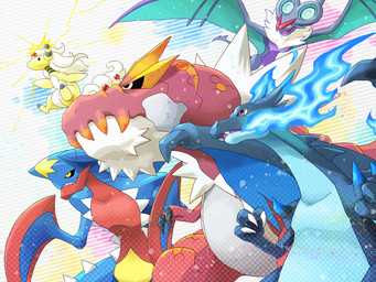 ambiguous_gender feral group membrane_(anatomy) membranous_wings nude simple_background white_background wings ねこミサイル nintendo pokemon dinosaur fossil_pokemon generation_6_pokemon mega_ampharos mega_charizard mega_charizard_x mega_evolution mega_garchomp noivern pokemon_(species) prehistoric_species reptile scalie tyrantrum 4:3 hi_res