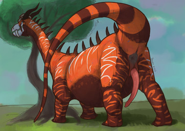 animal_genitalia anus brown_body butt clothing cloud countershade_torso countershading day erection fangs feral genital_slit genitals grass hat headgear headwear horn long_neck long_penis long_tail male markings orange_body penis plant quadruped sky solo spikes spikes_(anatomy) striped_body striped_markings striped_tail stripes tail tail_markings teeth thick_tail tree conditional_dnp teavern ailus_tochar dinosaur prehistoric_species reptile saurischian sauropodomorph scalie 2026 hi_res shaded signature