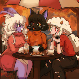 anthro autumn beverage bubble_tea cafe clothed clothing coffee container cookie cup female fluffy food fur group hair plant smile talking_to_another tea tree trio potatosheep lucipurr agatha_(potatosheep) bonnie_(potatosheep) molly_(potatosheep) bovid caprine domestic_cat felid feline felis lagomorph leporid mammal rabbit sheep 1:1 digital_media_(artwork) hi_res trans_(lore) trans_woman_(lore)
