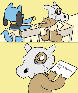 ambiguous_gender angry black_body black_eyes black_fur blue_body blue_fur bone bone_mask classroom fur humor mask note paws school sitting skull skull_mask tan_body tan_skin unknown_artist nintendo pokemon cubone generation_1_pokemon generation_4_pokemon mammal pokemon_(species) riolu comic meme