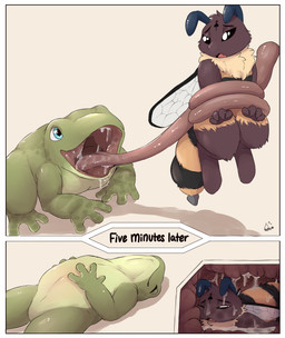 abdominal_bulge anthro blue_eyes bodily_fluids dripping duo extended_tongue feral gaping_mouth hand_on_belly internal membrane_(anatomy) membranous_wings open_mouth oral_vore saliva saliva_drip sleeping stinger thick_arms throat tongue vore wings neemyart amphibian arthropod bee frog hymenopteran insect 2024 comic hi_res signature