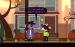 ambiguous_gender anthro dialogue duo female humor outside profanity style_emulation text town pcktknife deltarune kris_where_are_we night_in_the_woods undertale_(series) kris_(deltarune) susie_(deltarune) bovid caprine crocodile crocodilian goat lizard mammal reptile scalie 2021 crossover english_text hi_res lineless meme