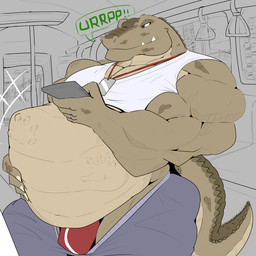abdominal_bulge anthro belly big_belly bottomwear bottomwear_down briefs brown_eyes bulge burping clothed clothing hand_on_belly inside_train jewelry male male_pred muscular muscular_arms muscular_male necklace pants pants_down partially_clothed pecs prey_outline same_size_vore scales shirt struggling struggling_prey tank_top topwear train underwear vehicle vore mrunknown37 crocodile crocodilian reptile scalie 1:1 hi_res