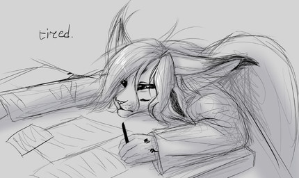5_fingers ambiguous_gender anthro clothed clothing desk eyebrows eyelashes fingers furniture hair sitting solo table tired lynjox lynxy_jones felid feline lynx mammal 2015 digital_media_(artwork) sketch
