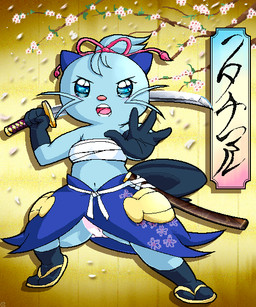 anthro asian_clothing blue_body blue_eyes blue_fur bottomwear breasts chest_wraps clothing east_asian_clothing female flower footwear fur genitals hair holding_object holding_weapon japanese_clothing katana melee_weapon navel open_mouth panties plant pokemorph ponytail sandals seashell shell shoes simple_background skirt small_breasts solo sword tail text underwear vulva weapon wide_hips wraps g-sun nintendo pokemon dewott generation_5_pokemon pokemon_(species) 5:6 japanese_text