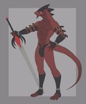 anthro barely_visible_genitalia barely_visible_penis black_body black_scales bulge clothed clothing fingerless_gloves genitals gloves grey_background grin handwear holding_melee_weapon holding_object holding_sword holding_weapon male melee_weapon muscular muscular_anthro muscular_male penis penis_base plantigrade red_body red_scales scales simple_background skimpy smile solo standing strap_around_arm straps sword thong underwear weapon idrysse3 reptile scalie 2021 digital_media_(artwork) hi_res