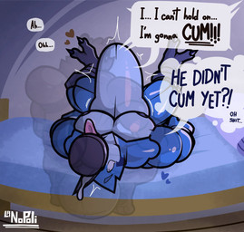 abdominal_bulge anthro balls beak big_balls blue_body blue_feathers bodily_fluids brown_body brown_fur cum cum_inside dialogue duo feathers feet fur genital_fluids genitals heart_symbol hyper hyper_abdominal_bulge male male/male moan muscular muscular_anthro muscular_male open_beak open_mouth pecs talons tears text toes tongue tongue_out translucent upside_down lanopoli cartoon_network regular_show mordecai_(regular_show) rigby_(regular_show) avian bird blue_jay corvid jay_(bird) mammal new_world_jay oscine passerine procyonid raccoon english_text hi_res