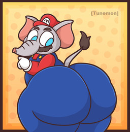 anthro big_butt butt clothing facial_hair hat headgear headwear looking_back male mustache overalls solo tunemon mario_bros nintendo super_mario_bros_wonder elephant_mario mario elephant elephantid mammal proboscidean digital_media_(artwork) hi_res
