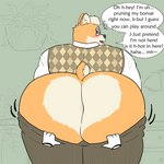 anthro assisted_exposure big_butt blush bodily_fluids butt butt_heart embarrassed eyewear glasses male nerd overweight overweight_male pantsing rear_view shaking_butt solo sweat text nanozapz canid canine canis domestic_dog herding_dog mammal pastoral_dog welsh_corgi 1:1 absurd_res english_text hi_res