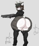 annoyed anthro big_butt blush blush_lines boots butt cheek_tuft clothed clothing electronics facial_tuft footwear fur gloves gun handwear holding_gun holding_object holding_ranged_weapon holding_weapon huge_butt huge_thighs jacket looking_at_viewer looking_back male phone picture_taking ranged_weapon rear_view shoes shotgun simple_background smile smirk solo standing thick_thighs topwear torn_clothing trigger_discipline tuft wardrobe_malfunction weapon white_background tozamtr bell_(bellum32) deer mammal 2024 absurd_res hi_res