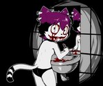 alternative_fashion anthro blood blood_in_sink blood_on_eye blood_on_face blood_on_mouth bodily_fluids breasts clothed clothing ear_piercing emo female gore grimdark hair horror_(theme) knife looking_at_viewer looking_back markings mirror mostly_nude nipples no_eyelids panties panties_only permanent_smile piercing purple_hair self-harm sink small_breasts solo striped_markings striped_tail stripes tail tail_markings topless underwear underwear_only white_body young e254e creepypasta jeff_the_killer veronica_(e254e) domestic_cat felid feline felis mammal hi_res