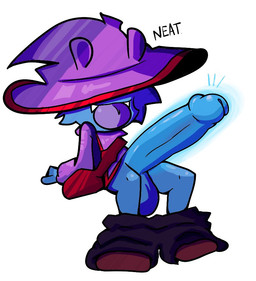 anthro balls big_balls big_penis black_body blue_body blue_fur blue_penis bottomwear bottomwear_down clothed clothing cute_fangs ears_through_headwear emanata fangs fur genitals glistening glistening_genitalia glistening_penis hat hat_covering_eyes headgear headwear huge_balls huge_penis humanoid_genitalia humanoid_penis hyper hyper_genitalia hyper_penis male pants pants_down partially_clothed penis purple_body purple_clothing purple_robe purple_tongue robe simple_background sitting solo teeth text tongue tongue_out white_background wizard_hat jratking unknown_species 2023 english_text