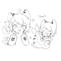 ambiguous_gender anthro exclamation_point food gesture hand_gesture head_tuft heart_eyes heart_symbol holding_fish holding_food holding_object pointing pointing_at_self shark_tail sleeping solo speech_bubble text tuft chano changed_(video_game) tiger_shark_(changed) aquatic fish 1:1 black_and_white english_text monochrome