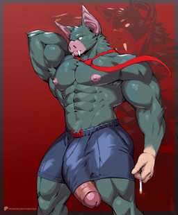 accessory anthro anthrofied armpit_hair barazoku big_muscles big_penis body_hair boxers_(clothing) boxers_only bulge cigarette clothed clothing fangs foreskin genitals hand_behind_head holding_cigarette holding_object huge_penis humanoid_genitalia humanoid_hands humanoid_penis male mostly_nude muscular muscular_anthro muscular_male necktie pecs penis penis_poking_out red_background simple_background solo teeth text thick_penis topless underwear underwear_only punktoso dispatch sonar_(dispatch) bat mammal digital_media_(artwork) hi_res url