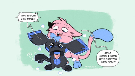 after_transformation blue_body blue_eyes blue_fur dialogue duo fur implied_transformation living_tail magical_transformation pink_body pink_fur plushie psychic_powers speech_bubble surprised tail text transformation unusual_anatomy unusual_tail trevor-fox nintendo pokemon aoi_(wuppy245) nachie animate_inanimate generation_1_pokemon generation_2_pokemon legendary_pokemon living_plushie mew_(pokemon) pichu pokemon_(species) 16:9 english_text widescreen