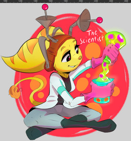 anthro breasts clothing coat eyebrows female footwear fur headgear headwear lab_coat liquid scientist sitting sitting_on_ground solo striped_body striped_fur stripes tail tail_tuft topwear tuft yellow_body yellow_fur zakoscorpion1 ratchet_and_clank sony_corporation sony_interactive_entertainment lombax mammal