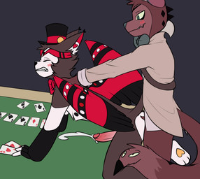 all_fours anal anal_orgasm anal_penetration anthro blush bodily_fluids bottomless bottomless_anthro bottomless_male bow_tie butt card clenched_teeth clothed clothing cum cum_while_penetrated cumshot duo ejaculation erection eyes_closed feet from_behind_position from_front_position fur furniture genital_fluids genitals hands-free hat headgear headwear humanoid_genitalia humanoid_penis living_tail male male/male male_penetrated male_penetrating male_penetrating_male nude on_table orgasm penetration penile penile_penetration penis playing_card poker_table sex smile standing standing_sex table tail teeth toes top_hat topwear unusual_anatomy unusual_tail wings thunderlewd hazbin_hotel hellaverse husk_(hazbin_hotel) canid canine demon domestic_cat felid feline felis mammal digital_media_(artwork) hi_res