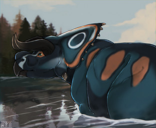 ambiguous_gender beak black_body black_scales blue_body blue_eyes blue_scales bone_frill feral frill_(anatomy) horn mouth_closed orange_body orange_scales partially_submerged plant quadruped reflection scales solo striped_body striped_scales stripes tree water wide_hips shyryp centrosaurine ceratopsian ceratopsid dinosaur marginocephalian nasutoceratops ornithischian prehistoric_species reptile scalie 2025 absurd_res digital_drawing_(artwork) digital_media_(artwork) hi_res huge_filesize