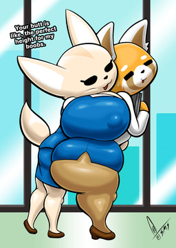 anthro big_breasts big_butt big_nipples black_eyes black_nose blue_bottomwear blue_clothing blue_shirt blue_skirt blue_topwear bodily_fluids bottomwear breast_on_butt breasts brown_clothing brown_footwear brown_inner_ear brown_shoes butt clothing dialogue duo empty_eyes eyebrows eyelashes female footwear holding_object huge_breasts huge_butt hyper hyper_breasts hyper_butt inside nipple_outline nipples office open_mouth open_smile orange_body red_mouth shirt shoes side_view skirt smile sweat sweatdrop tail talking_to_another tan_body tan_ears tan_tail text thick_thighs topwear white_ears white_eyebrows white_inner_ear window supermoonshroom aggretsuko sanrio fenneko retsuko ailurid canid canine fennec_fox fox mammal red_panda true_fox 2026 colored digital_media_(artwork) english_text hi_res shaded signature