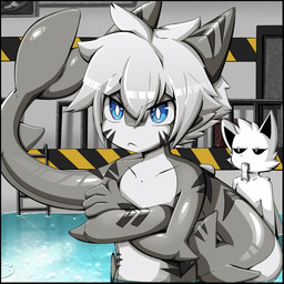 anthro arm_fin arm_markings arm_tuft big_tail black_inner_ear black_markings black_sclera blue_eyes collarbone crossed_arms duo eating eyebrow_through_hair eyebrows facial_tuft fin fur glistening glistening_eyes grey_body hair laboratory ladder_piercing male markings narrowed_eyes shoulder_tuft standing swimming_pool tail tail_fin tail_markings translucent translucent_hair tuft water white_body white_fur white_hair young young_anthro young_male gaogomon changed_(video_game) squid_dog_(changed) tiger_shark_(changed) aquatic canid canine cephalopod coleoid decapodiform fish hybrid mammal mollusk requiem_shark shark squid tiger_shark 1:1 2023 absurd_res hi_res portrait three-quarter_portrait