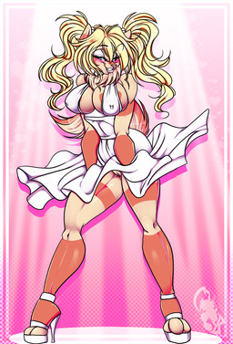 abstract_background anthro blonde_hair blush bottomwear breasts cleavage clothed clothing cosplay dress female footwear genitals gradient_background hair high_heels holding_down_dress no_underwear shoes simple_background skirt solo upskirt vulva wind wind_lift crystal-for-ever the_seven_year_itch angel_kryis marilyn_monroe canid canine mammal digital_media_(artwork) hi_res source_request