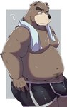 anthro belly big_belly black_nose blush brown_body bulge clothing humanoid_hands kemono male moobs navel nipples overweight overweight_male question_mark simple_background solo underwear emufu bear mammal 2024 hi_res