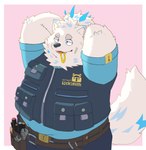 accessory anthro belly blue_eyes clothing fur hair hair_accessory hairband locksmith male overweight ponytail shirt smile solo t-shirt topwear vest white_body white_fur panic_exc lifewonders live_a_hero yohack canid canine canis domestic_dog mammal nordic_sled_dog samoyed spitz absurd_res hi_res