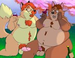 anthro balls belly big_belly brown_body duo erection eyewear fur genitals glasses male male/male mature_male moobs nipples outside overweight overweight_anthro overweight_male penis plant sitting tree bravo disney zootopia gideon_grey canid canine fox mammal red_fox true_fox 2022