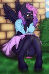 anthro bottomwear clothed clothing female hooves no_underwear public public_nudity sex_toy sitting skirt solo vibrator theshadowsshelf hasbro my_little_pony fan_character equid equine horse mammal hi_res