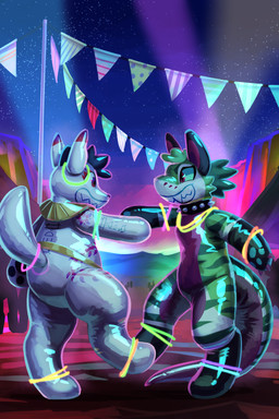 ambiguous_gender anthro brown_body collar dancing duo festival flag glowstick inflatable male night pool_toy sky spiked_collar spikes star starry_sky white_body sexotheque foshka animate_inanimate canid canine living_inflatable mammal maned_wolf 2026 digital_media_(artwork) hi_res