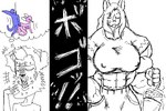 3:2 abs anthro biceps big_muscles biped black_and_white digital_media_(artwork) duo female huge_muscles hyper japanese_text jmadoc mammal monochrome muscular muscular_female nipple_outline oekaki rhinoceros sketch text thought_bubble translated