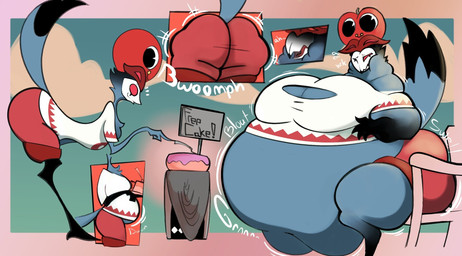 4_eyes anthro beak belly belly_expansion bent_over big_belly big_butt big_moobs bottomwear butt butt_expansion cake chair clothed clothing dessert eating expansion feathers feeding food furniture hat headgear headwear huge_belly kitchen_utensils male moobs multi_eye obese onomatopoeia overweight overweight_male red_bottomwear red_clothing red_eyes red_shorts rumbling_stomach shirt shorts simple_background sitting sky solo sound_effects standing tail tail_feathers text tools topwear torn_clothing torn_shirt torn_topwear wardrobe_malfunction weight_gain white_clothing white_shirt white_topwear smokey_blokey hellaverse helluva_boss stolas_(helluva_boss) avian bird demon owl owl_demon hi_res sequence