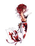 black_body clothed clothing female green_eyes hair holding_object red_body red_hair side_view simple_background solo split_form tan_body white_background white_body milk-jug humanoid marine merfolk