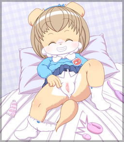 accessory anthro bed biped black_bottomwear black_clothing black_skirt blue_clothing blue_shirt blue_topwear bodily_fluids bottomwear brown_hair closed_smile clothed clothing clothing_around_one_leg countershade_face countershade_fur countershading egg_vibrator eyebrows eyes_closed female footwear fur furniture genital_fluids genitals grin hair hair_accessory hairband humanoid_genitalia humanoid_vulva inside lying lying_on_bed mouth_closed on_back on_bed panties panties_around_one_leg panties_down partially_clothed pillow sex_toy shirt short_hair skirt smile socks solo spread_vulva spreading tan_body tan_fur teeth text topwear underwear underwear_around_one_leg underwear_down vaginal_fluids vibrator vulva white_body white_clothing white_countershading white_footwear white_fur white_panties white_socks white_underwear young young_anthro young_female midmud mio_(midmud) canid canine canis domestic_dog mammal 2026 absurd_res english_text hi_res