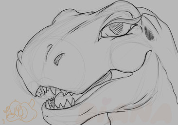 eyelashes female feral looking_at_viewer narrowed_eyes open_mouth sharp_teeth smile solo teeth tongue e_milking diana_baddie_(e_milking) dinosaur prehistoric_species reptile saurischian scalie theropod tyrannosaurid tyrannosauroid tyrannosaurus absurd_res hi_res sketch