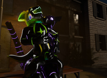 anthro bulge bulge_grab chastity_bulge chastity_device claws clothing dark_lighting drone dronesuit duo fingers fluffy fluffy_ears fur green_body green_fur groping_crotch hair handwear happy latex latex_clothing latex_handwear latex_skinsuit lock_bulge lock_symbol machine male male/male multicolored_body night null_bulge outside screen screen_face sitting_on_another skinsuit tight_clothing transformation yellow_body yellow_ears yellow_fur tanza3d retiu_(retiu) zerkon_(tanza3d) android protogen robot scalie synth_(vader-san) 3d_(artwork) digital_media_(artwork) nonbinary_(lore)