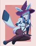 anthro anthrofied areola areola_slip arm_support arm_tuft armwear bedroom_eyes black_clothing black_harness black_legwear black_nose black_stockings black_thigh_highs blue_areola blue_blush blue_body blue_claws blue_eyebrows blue_eyes blue_fur blue_hair blue_inner_ear blush breast_squish breasts butt_tuft claws clothing dildo eyebrow_through_hair eyebrows feet female female_anthro finger_claws fishnet_armwear fishnet_clothing fur hair happy harness hat headgear headwear hindpaw holding_dildo holding_object holding_sex_toy humanoid_hands ice ice_dildo leaning legwear long_hair looking_at_viewer mostly_nude narrowed_eyes paws pink_background plantigrade pokemorph purple_clothing purple_hat purple_headwear raised_tail seductive sex_toy shoulder_tuft simple_background sitting smile smiling_at_viewer solo squish stockings tail teeth thigh_highs thigh_stockings toe_claws translucent translucent_hair tuft witch_hat onigiriad kinktober nintendo pokemon eeveelution generation_4_pokemon glaceon pokemon_(species) 2023 clip_studio_paint_(artwork) digital_drawing_(artwork) digital_media_(artwork) full-length_portrait portrait shaded signature