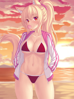 athletic athletic_female beach bikini blonde_hair blowing_bubble_gum breasts bubble bubble_gum candy clothed clothing cloud colored_edge_bikini dessert female food gum hair hand_in_pocket hands_in_both_pockets high_ponytail inflating inner_ear_fluff jacket long_hair looking_at_viewer navel outside pockets ponytail pupils red_bikini red_clothing red_eyes red_swimwear seaside sky slit_pupils solo string_bikini sunset swimwear text topwear triangle_bikini tuft two-piece_swimsuit water fastrunner2024 tiffy_(fastrunner2024) animal_humanoid felid felid_humanoid humanoid mammal mammal_humanoid 2020 3:4 digital_media_(artwork) hi_res shaded url
